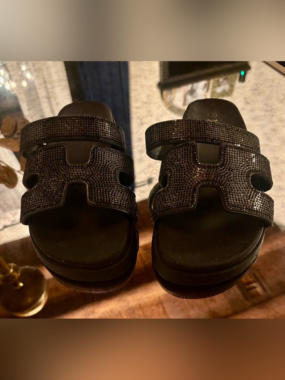 Mudd Black Rhinestone Double-Strap Slide Sandals